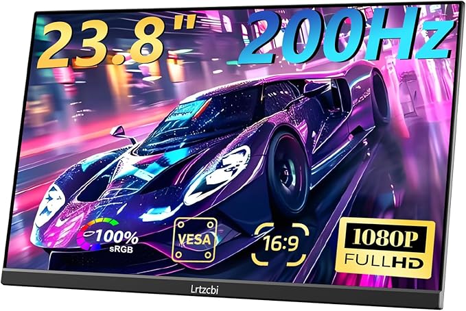 23.8" Large Portable Monitor 200Hz FHD 1080P IPS Freesync External Computer Display with USB C HDMI, Built in Speakers and Stand Portable Gaming Monitor for Laptop Phone PC Mac PS4 Xbox