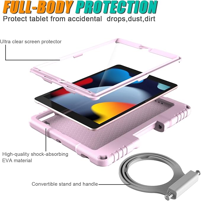 Kids Case for iPad (A16) 11th Generation 11 Inch 2025 & iPad 10th Generation 10.9 Inch 2022, Lightweight Shockproof Kids-Friendly Case Built-in Screen Protector with Handle Stand, Light Pink