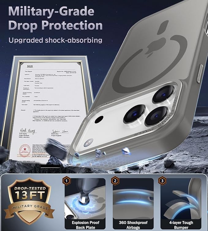 Newfuture Magnetic for iPhone 17 Pro Case [Compatible with Magsafe] [Military Grade Drop Protection] Translucent Matte Anti-Scratch Shockproof Protective Phone Cover 6.3 Inch, Titanium Gray