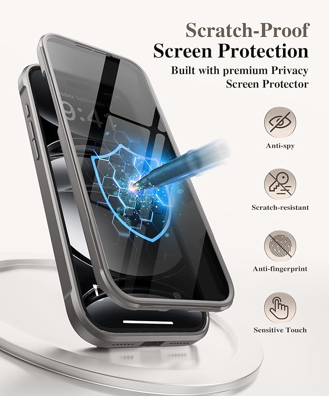 BERFY for iPhone 17 Pro Max Case, Compatible with MagSafe, Built in Privacy Screen Protector, Shockproof Full Body Phone Case for 17 Pro Max with Magnetic Stand, Clear Grey
