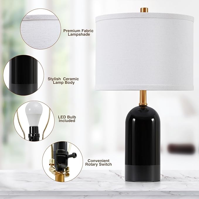 GyroVu Modern Ceramic Table lamp Set of 2, Black Bedside Lamp 21.5" Tall Nightstand Lamp End Table Lamps for Living Room Bedroom (Bulbs Included)