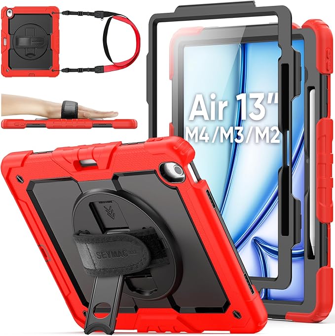 SEYMAC stock Case for iPad Air 13-inch M4-M2 2026-2024 (Gen 8-6), Shockproof Heavy Duty Case with Screen Protector, Pencil Holder, Rotating Stand, Hand Strap, Shoulder Strap, Red