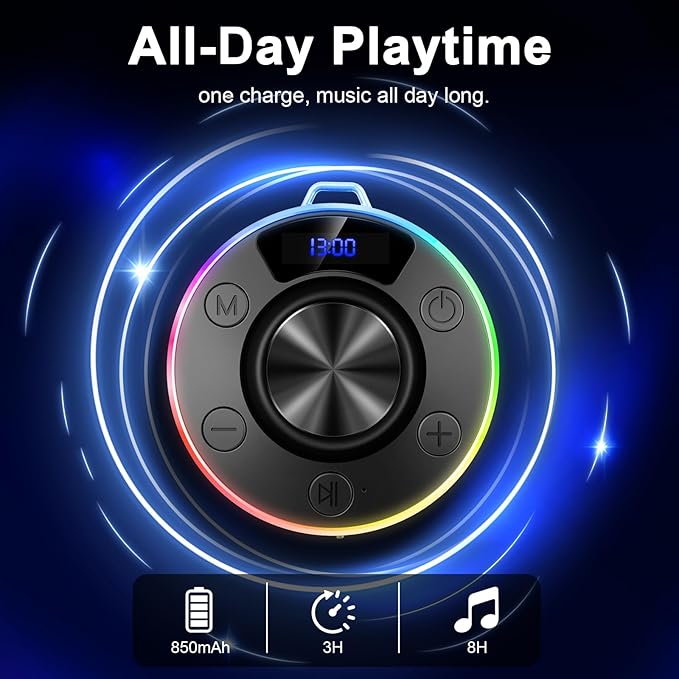 Bluetooth Speaker, Shower Speaker Portable with Hook, IPX7 Waterproof Bluetooth Speakers with Suction Cup, Digital/Time Display, Crystal Sound, Small Wireless Speakers for Outdoor Bathroom Gifts,Black