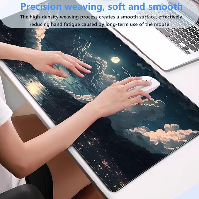 Anime Aesthetic Desk Mat - Large Gaming Mouse Pad XXL (31.5 x 15.7 in) - Extended Full Moon Cloud Keyboard Pad with Stitched Edges, Non-Slip Base for Home Office & Gaming Setup