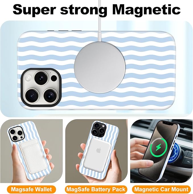 Magnetic for iPhone 13 Pro Case Cute Wavy Stripes Phone Case, Shockproof Slim TPU and Hard PC Protective Phone Cover Compatible with MagSafe Designed for Women Girls, Blue