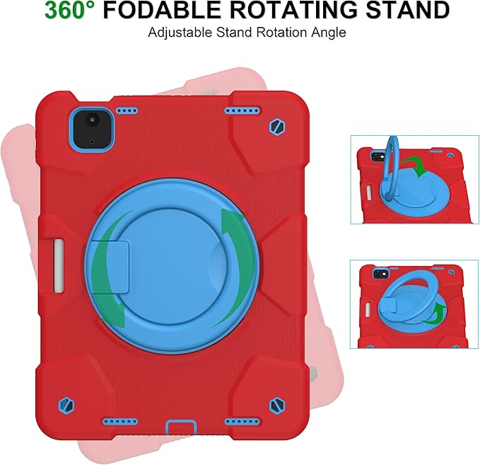 Andnary Case for iPad Air 11 inch Case M4/M3/M2 (2026/2025/2024), Heavy Duty Shockproof Cover with Screen Protector, 360° Rotating Stand, Pencil Holder, Shoulder Strap (Red+Blue)