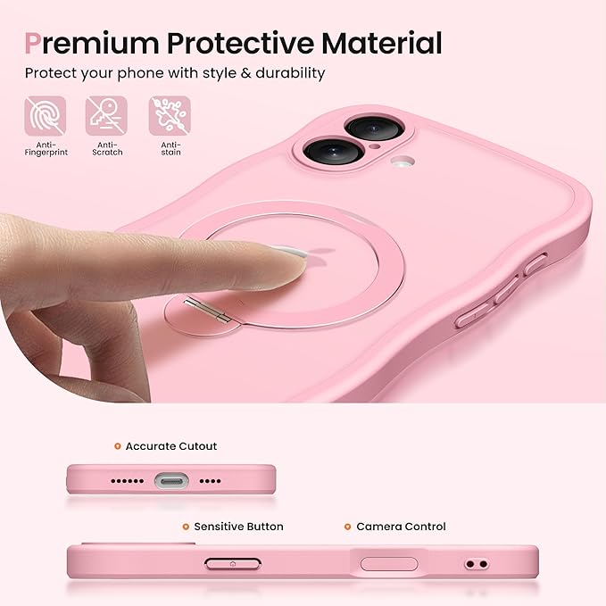 CAPRARO for iPhone 16 Plus Case with 360° Spin Magnetic Stand for Women, [Compatible with MagSafe] [Full Camera Protection] Cute Wave Translucent Matte Case for iPhone 16 Plus, Peach Pink