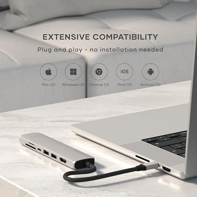 Satechi 7 in 1 USB C Hub Multiport Adapter with Ethernet, HDMI 4K@60Hz, 100W PD Charging, 2X USB-A Data Ports, Micro/SD Card Readers for MacBook Air/Pro/Neo, iPad Air/Pro, Windows - Silver
