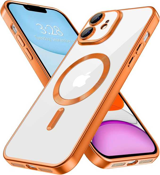 Hython Magnetic Clear for iPhone 11 Case with Camera Lens Protector [Compatible with MagSafe] Luxury Plating Edge Slim Soft TPU Cover Protective Phone Case for iPhone 11 6.1", Matte Orange