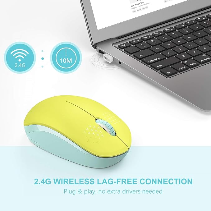 seenda Wireless Mouse for Laptop, 2.4G Noiseless Mouse with USB Receiver - Optical Tracking Portable Computer Mice for Chromebook, PC, Tablet, Windows System, 24 Months Battery Life - Yellow & Green