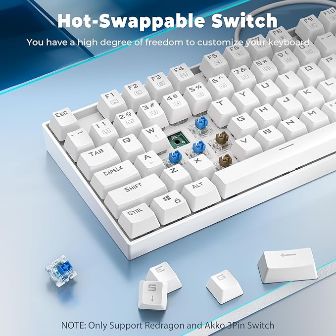 Redragon K552P Mechanical Gaming Keyboard TKL with 18 Backlight Modes, Hot-Swappable Blue Switches, 87-Key Compact Ergonomic Design, N-Key Rollover & Software Programmable Macro - RGB, White