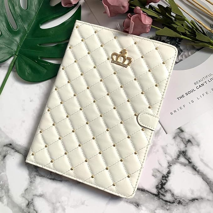 Changjia for iPad Pro 12.9 Inch Case 6th/5th/4th/3rd Generation (2022/2021/2020/2018),Crown Diamond Bling Cute PU Leather Smart Auto Sleep/Wake Stand Shockproof Protective Case for iPad 12.9Inch,White
