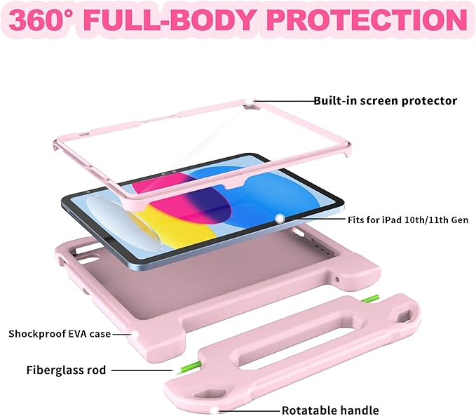 YIHE Kids Case for iPad (A16) 11th Generation 11 Inch 2025 & iPad 10th Generation 10.9 inch 2022, with Built-in Screen Protector and Handle Stand, Full Body Shockproof Protective Cover, LightPink