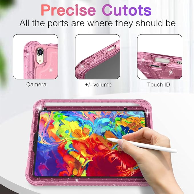 ZoneFoker Case for iPad mini A17 Pro, for iPad mini 7th/6th Generation Case 8.3 inch 2024/2021 with Pencil Holder/Stand, Slim Cover for i Pad Mini 7/6 (Clear Glitter Pink)