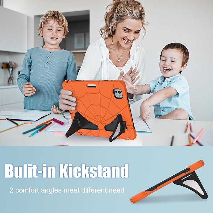 AKABEILA Compatible with Apple iPad Pro 11(2024) 11 inch Tablet Case，Lightweight Shockproof Rugged Protective Cover with Kickstand for Kids Children Boys Babies Orange Black