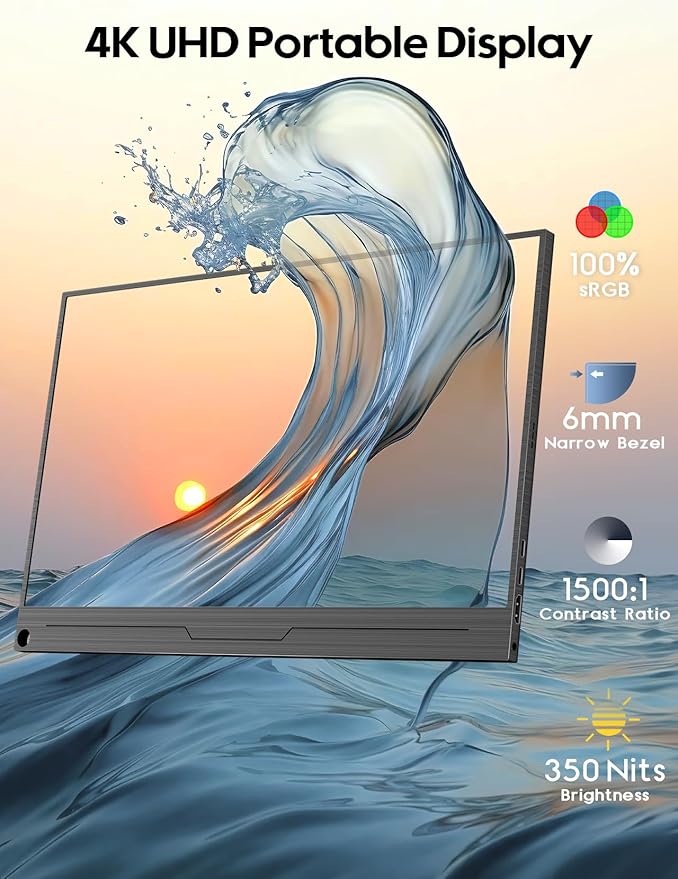 ZSCMALLS 4K Portable Monitor, 15.6" 3840 * 2160 Laptop Extended Monitor, 1500:1 100% sRGB USB-C HDMI Portable Gaming Monitor HDR Travel Monitor with Speakers & Smart for Laptop PS5/4 Xbox Switch