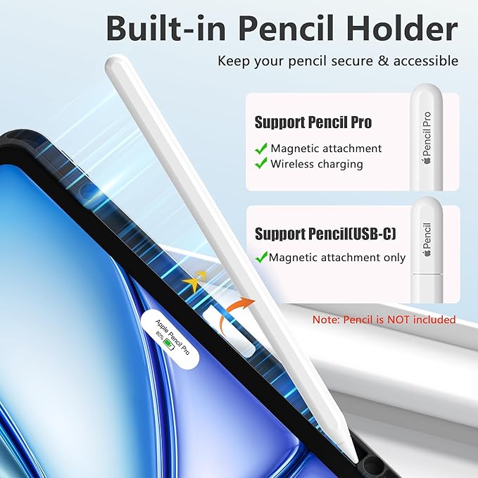 Wenlaty for iPad Air 13 Inch Case M4/M3/M2 (2026/2025/2024) with Pencil Holder, Slim Trifold Stand Protective Cover for iPad Air 13 Case with Clear Transparent Back, Auto Wake/Sleep -Black