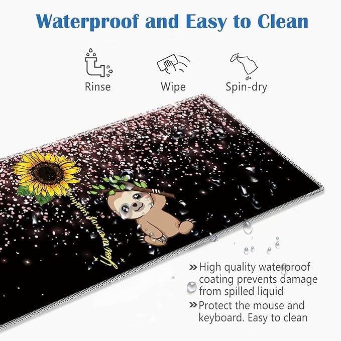 Large Gaming Mouse Pad Plus a Coasters + Cable Clips, Sunflower and Sloth Extended Mousepad (31.5 x 11.8) with Stitched Edge, Foldable Computer Keyboard Desktop Mouse Mat for Home Office