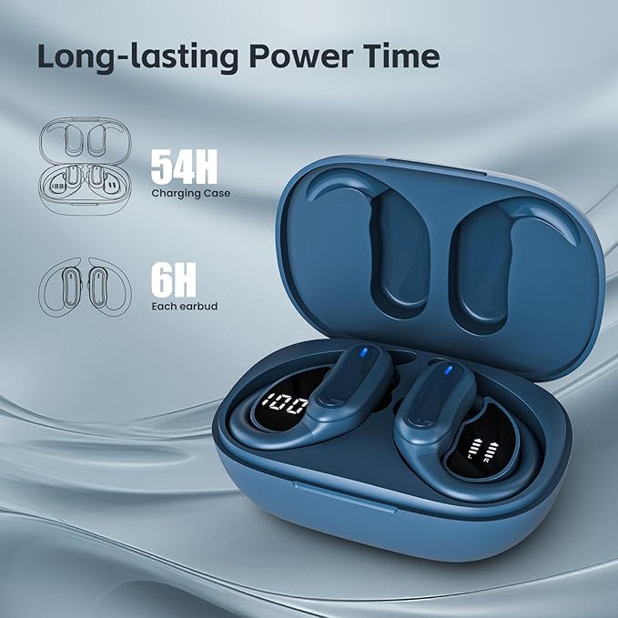 TRAUSI Bluetooth Headphones, True Wireless Earbuds with IPX7 Water Resistant, Noise Cancelling Mic, Type-C Fast Charging Earphones with Ergonomic Ear Hooks for Sports, Running (Deep Blue)