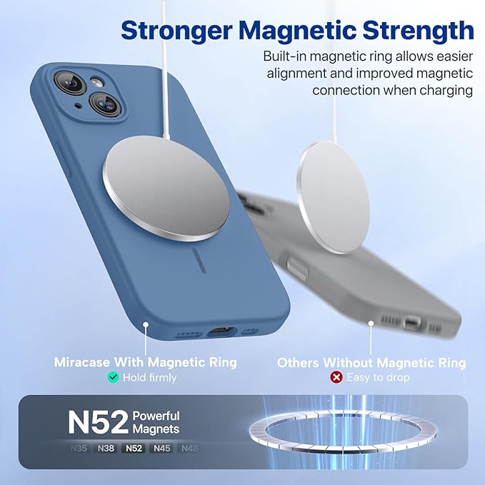 Miracase Magnetic for iPhone 15 Plus Case, [Soft Anti-Scratch Microfiber Lining], Magnetic for MagSafe, Liquid Silicone Shockproof Drop Protection Phone Case for 15 Plus, Glass Blue
