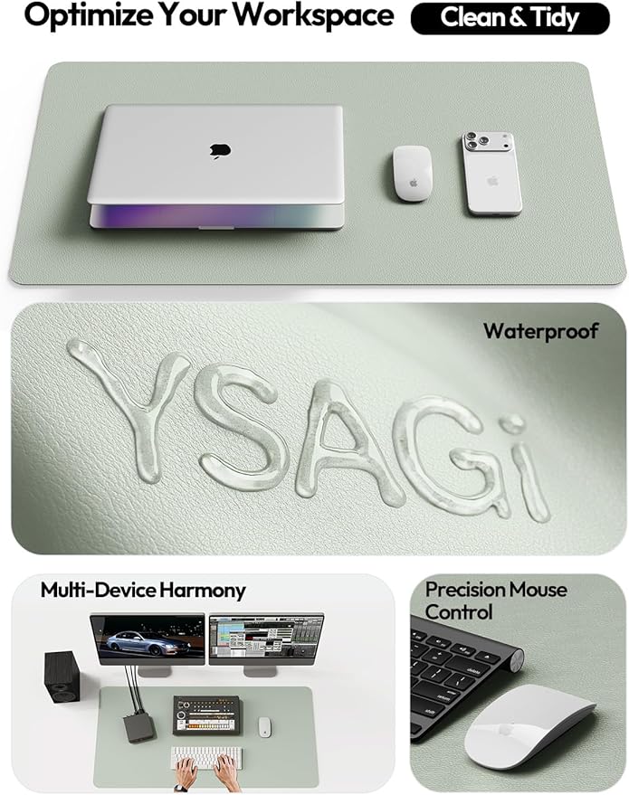 YSAGi Leather Desk Protector, Office Mat, Large Mouse Mat, Non-Slip PU Leather Blotter, Laptop Pad, Waterproof Writing Pad for Office and Home (Grayish Green, 23.6" x 13.8")