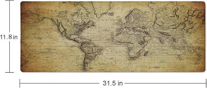 Gaming Mouse Pad Large, Keyboard Mouse Mat Desk Pad, Non-Slip Rubber Base with Stitched Edges Mousepad, 31.5X11.8 inch Vintage Retro World Map