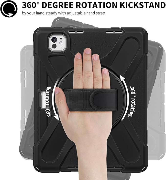Batianda Case for New iPad Pro 11-inch 2025 M5 2024 M4 Chip Heavy Duty Rugged Durability Silicone Tablet Cover with 360° Rotating Hand Strap Foldable Hidden Stand & Shoulder Strap, Black