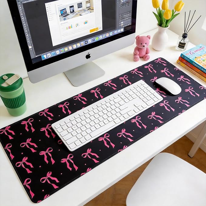 Large Gaming Mouse Pad 31.5 x 11.8in Desk Mat for Office Mousepad Anti-Skid Rubber Base Soft Comfortable and Durable Desk Pad (Black Bow)