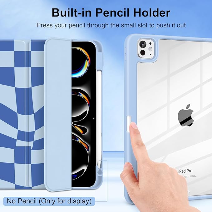 TWOLSKOO Case for iPad Pro 11-inch (M5 2025 / M4 2024), Clear Acrylic Back with TPU Bumper, Pencil Holder, Trifold Stand, Auto Sleep/Wake, Blue Wavy Checker