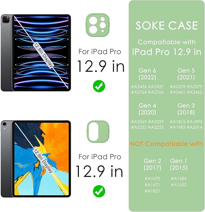 Soke Case for iPad Pro 12.9 Inch (6th/5th/4th/3rd Generation, 2022/2021/2020/2018) - Pencil Holder + Auto Sleep/Wake + Camera Protection, Transparent Shockproof Back Cover,Matcha Green