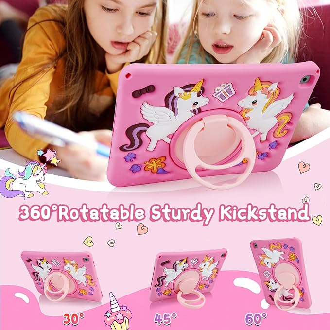 HianDier for iPad 9th Generation Case/iPad 8th Generation Case/iPad 7th Generation Case Cute Unicorn Silicone Tablet Cover with Detachable Strap and Rotatable Stand Shockproof Cover-Rose Pink
