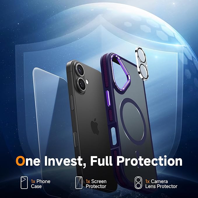 Magnetic 3 in 1 for iPhone 17 Case, [Omni-Directional Protection] with 1x Screen Protector + 1x Camera Cover, [Seamless Work with Magsafe] Translucent Protective Silm Phone Case for iPhone 17 Purple