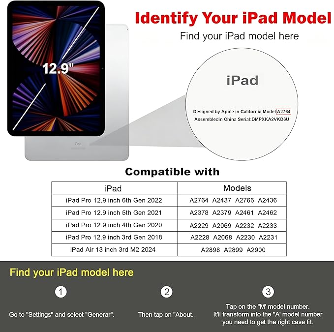 Premium PU Leather Case for iPad Pro 12.9 Inch (M2, 3rd/4th/5th/6th Gen) Multi-Angle Folio Cover with Pencil Holder & Card Pocket, Auto Wake/Sleep Slim Protective Tablet Case, Black