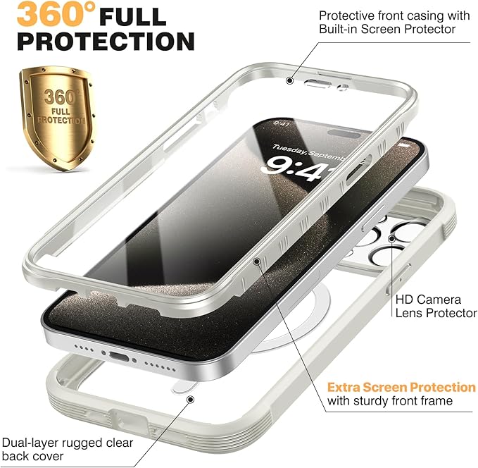 Diaclara Magnetic for iPhone 15 Pro Case, [Military-Grade Drop Proof & Fit for MagSafe] Built-in Shockproof Screen Protector, [Camera Lens Protector] Phone Cover for iPhone 15 Pro 6.1"(White)