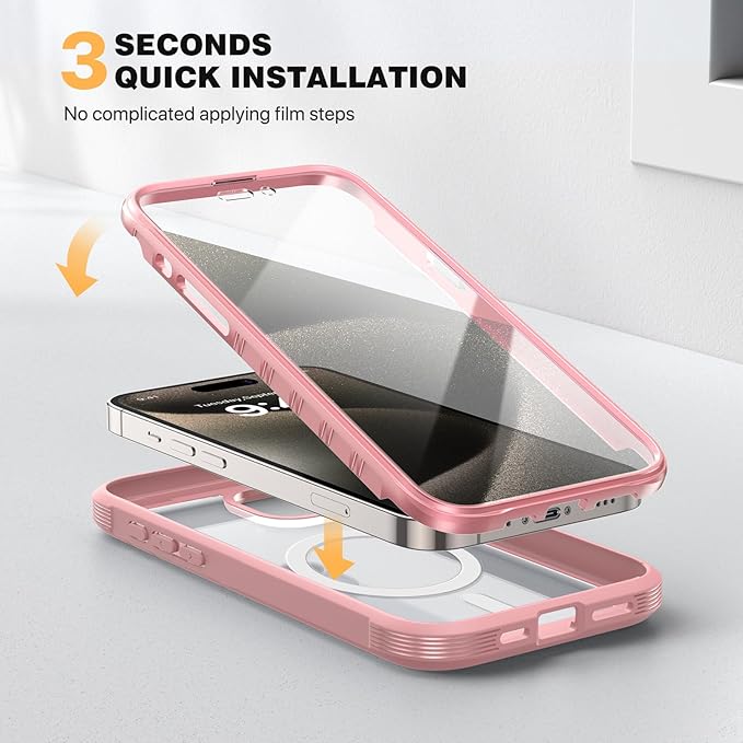 Diaclara Designed for iPhone 15 Pro Max Case, Full Body Rugged with Built-in Touch Sensitive Anti-Scratch Screen Protector, Soft TPU Bumper Case for iPhone 15 ProMax 6.7", Pink