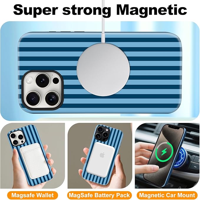 Magnetic for iPhone 16 Pro Max Case Cute Stripes Phone Case, Shockproof Slim TPU and Hard PC Protective Phone Cover Compatible with MagSafe Designed for Women Girls, Lake Blue