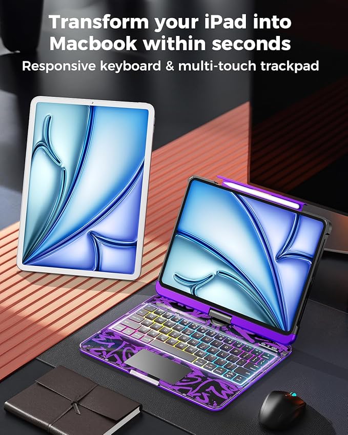 TSQQST Clear Keyboard Case for iPad Air 11 Inch (M4/M3/M2, 2026/2025/2024)/ iPad Air 5th/4th Generation 10.9" / iPad Pro 11" 1st/2nd/3rd/4th, Trackpad, Pencil Holder, 7-Color Backlit, Rotatable-Purple