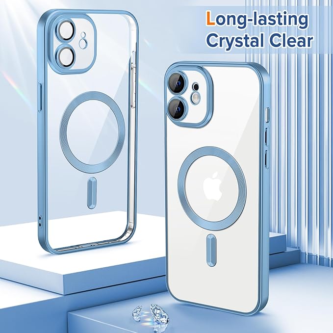 Hython Magnetic Clear for iPhone 11 Case with Camera Lens Protector [Compatible with MagSafe] Luxury Plating Edge Slim Soft TPU Cover Protective Phone Case for iPhone 11 6.1", Matte Light Blue