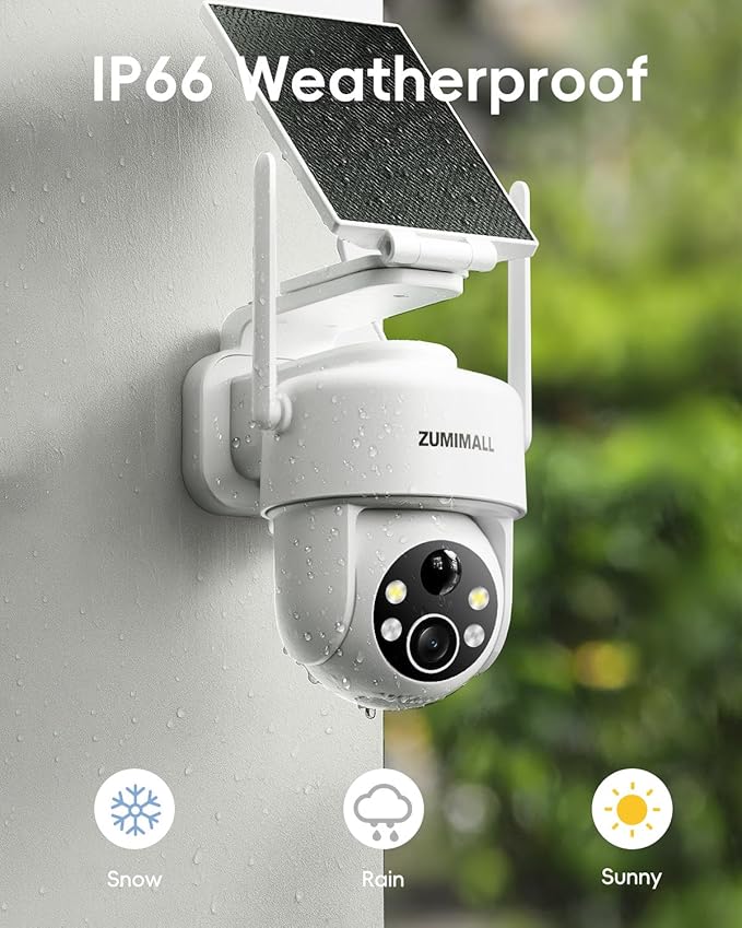 ZUMIMALL 2K Solar Security Cameras Wireless Outdoor, 360° PTZ Camera for Home Security with Color Night Vision, Flexible Mount, PIR Motion, 2-Way Talk, Free Cloud Storage, Compatible with Cloudedge