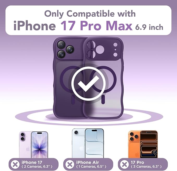 CAPRARO Magnetic for iPhone 17 Pro Max Case for Women Girls, Upgraded [Full Camera Protection] [Compatible with MagSafe] Cute Wave Translucent Matte Phone Case for iPhone 17 Pro Max, Deep Purple