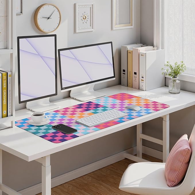iLeadon Desk Mat, Computer Desktop Pad, Colorful Checkered Mouse Pad, Large Rubber Base Mousepad with Stitched Edges, Keyboard Mat for Women Office, Home