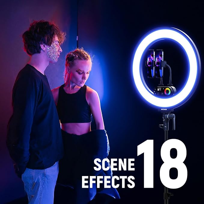 NEEWER RL45C 18" Edge Lit 45W RGB LED Ring Light with Phone Tripod Stand Remote CRI95+ 3100lux/0.5m 2500K–10000K 360° Full Colors App/2.4G Control Compatible with iPhone Selfie Makeup Video Recording