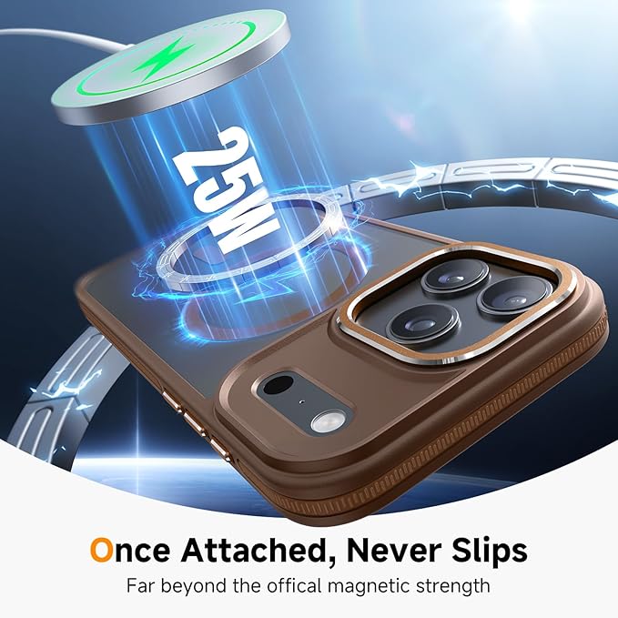 Magnetic 3 in 1 for iPhone 17 Pro Case, [Omni-Directional Protection] with 1x Screen Protector + 1x Camera Cover, [Seamless Work with Magsafe] Shockproof Slim Thin Matte Case for iPhone 17 Pro Brown