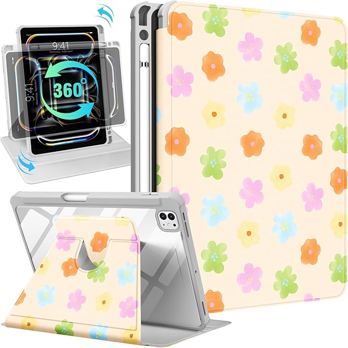 Uppuppy for iPad Pro M4/M5 Case 11 inch - 360 Degree Rotating Stand Folio Smart Cover with Pencil Holder for Women Girls, Colorful Flowers for iPad Pro 11 inch Case 2024 M4/2025 M5