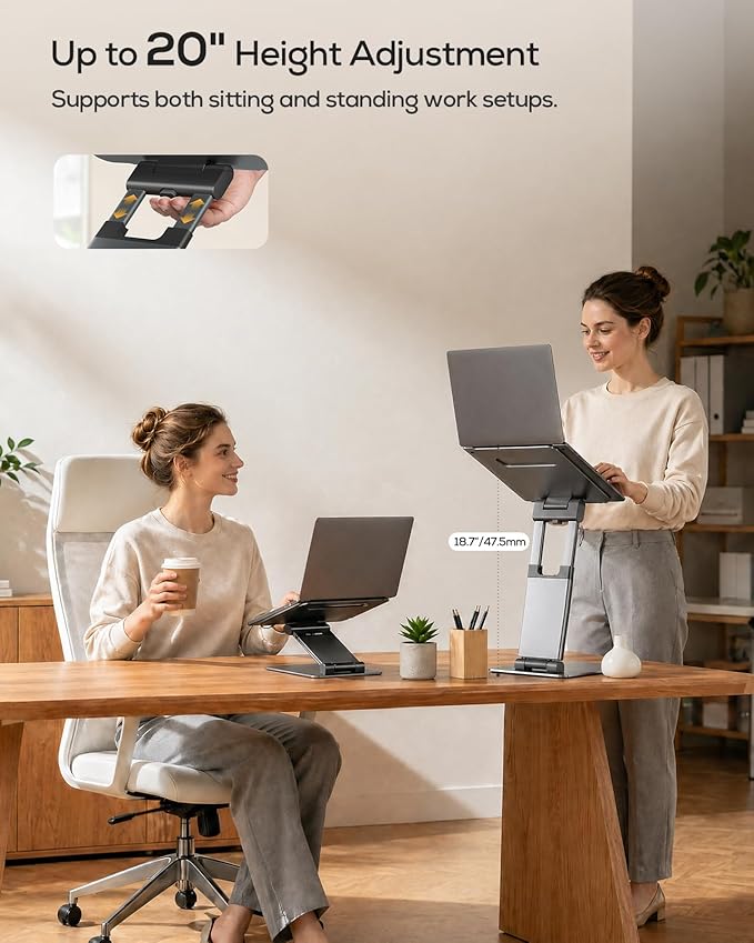 Nulaxy Height Adjustable Laptop Stand for Desk, Dual Foldable Aluminum Computer Riser, Pull Out Design Ergonomic Sit to Notebook Holder Convertor, Compatible with All 10-17" Laptops, Tablets, Gray