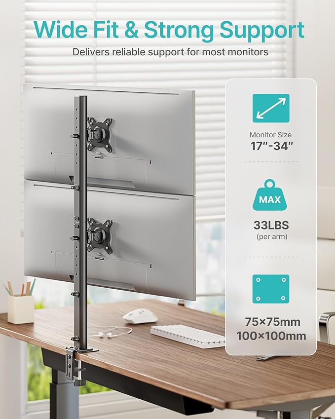Pegzone Vertical Dual Monitor Mount for 17–34 Inch Screens, Stacked Monitor Stand, Holds up to 33 lbs per Arm, 33.1" Extra Tall Pole, Full Motion Height Adjustable Mount, 75/100 VESA, Clamp & Grommet