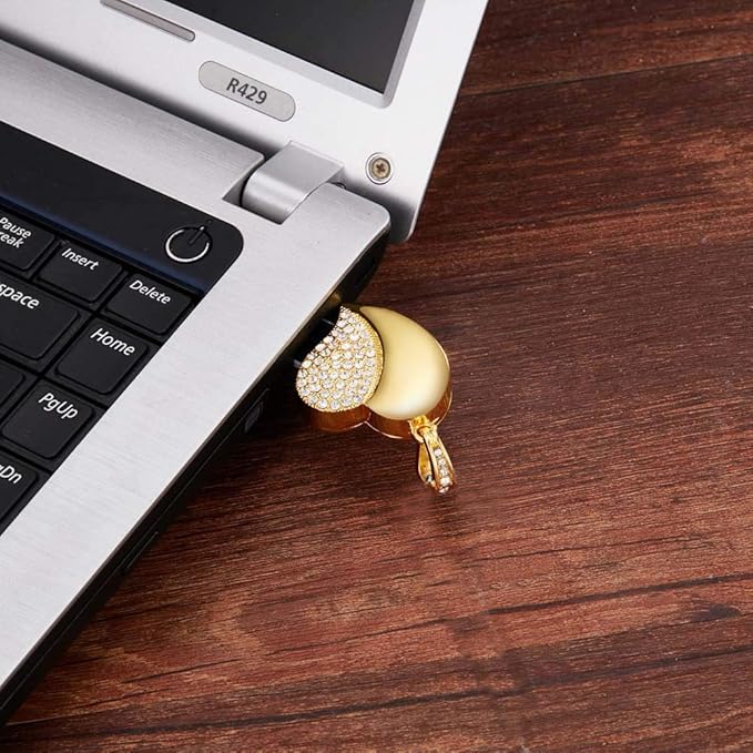 USB Flash Drive, Diamond Heart 8GB / 16GB / 32GB USB2.0 Waterproof USB Memory Stick Date Storage Pendrive Thumb Drives (16GB, Gold Heart)