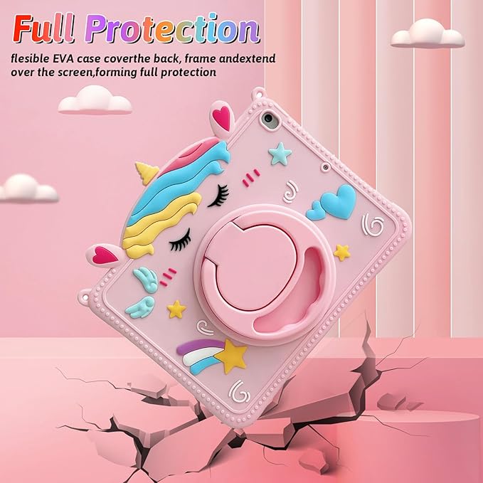 Dteck for iPad 9th/8th/7th Generation Case 10.2",Cute Cartoon Funda 3D Unique Design Light Rotating Handle Stand Shoulder Strap Soft Silicone Drop Rugged Shockproof Protective Kid-Proof Case,Unicorn