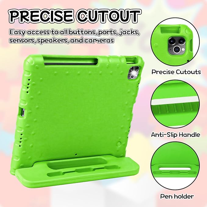 New Kids Case for iPad Pro 12.9 Case Super Protection iPad Pro 12.9 inch 6th 5th 4th 3rd Cover with Pencil Holder and Handle Stand for iPad Pro 12.9 2022 2021 2020 2018 Green