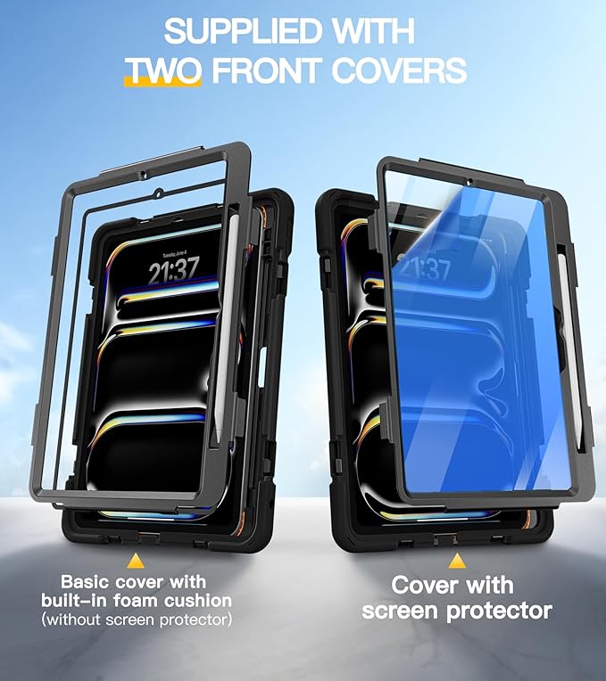 BRAECN Case for iPad Pro 11 inch M5 2025 & M4 2024, 4 Layers Heavy Duty Full-Body Protection Screen Protector Pencil Holder, 360° Rotating Handle Kickstand, Shoulder Strap Kids Friendly